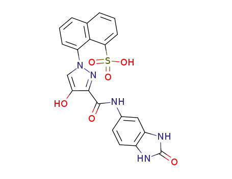 Molecular Structure of 776325-77-0 (4-hydroxy-1-(8'-sulphonaphtyl)-3-[N-(2'-oxobenzimidazol-5'-yl)carboxamide]pyrazole)