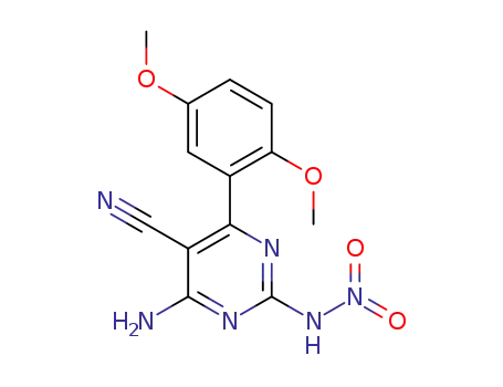 Molecular Structure of 1374981-23-3 (4-amino-6-(2,5-dimethoxyphenyl)-2-nitroaminopyrimidine-5-carbonitrile)