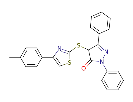 Molecular Structure of 500193-69-1 (4-{[4-(4-methylphenyl)-1,3-thiazol-2-yl]sulfanyl}-2,5-diphenyl-2,4-dihydro-3H-pyrazol-3-one)