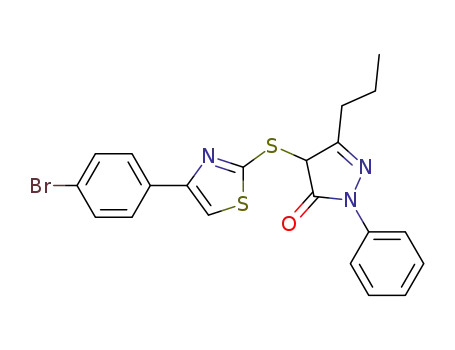 Molecular Structure of 1392400-77-9 (2-(3-propyl-1-phenyl-4,5-dihydro-5-oxopyrazol-4-thio)-4-(4-bromophenyl)thiazole)