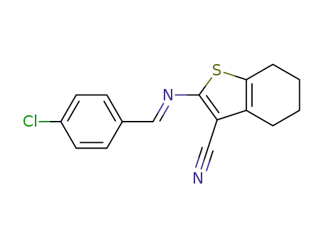 Molecular Structure of 1346414-21-8 (2-([(E)-(4-CHLOROPHENYL)METHYLIDENE]AMINO)-4,5,6,7-TETRAHYDRO-1-BENZOTHIOPHENE-3-CARBONITRILE)