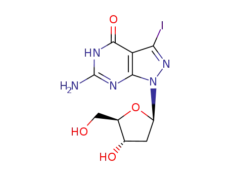 Molecular Structure of 183274-53-5 (6-amino-1-(2-deoxy-β-D-erythro-pentofuranosyl)-1,5-dihydro-3-iodo-4H-pyrazolo<3,4-d>pyrimidin-4-one)