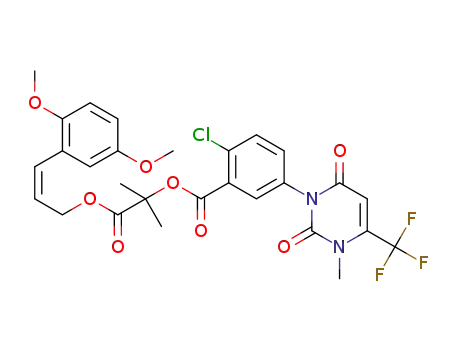 Molecular Structure of 1578259-54-7 ((Z)-1-((3-(2,5-Dimethoxyphenyl)allyl)oxy)-2-methyl-1-oxopropan-2-yl 2-chloro-5-(3-methyl-2,6-dioxo-4-(trifluoromethyl)-2,3-dihydropyrimidin-1(6H)-yl)benzoate)