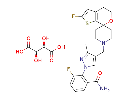 Molecular Structure of 1307313-25-2 (3-fluoro-2-[4-[(2-fluorospiro[4,5-dihydrothieno[2,3-c]pyran-7,4'-piperidine]-1'-yl)methyl]-3-methylpyrazol-1-yl]benzamide (L)-tartrate)