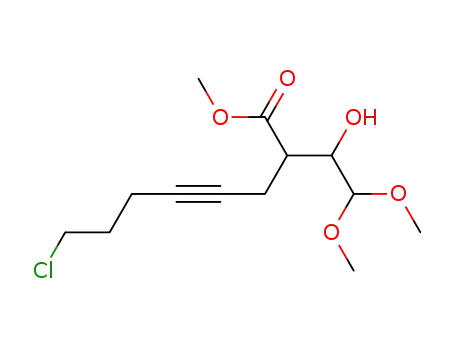 Molecular Structure of 78668-59-4 (4-Octynoic acid, 8-chloro-2-(1-hydroxy-2,2-dimethoxyethyl)-, methyl
ester)