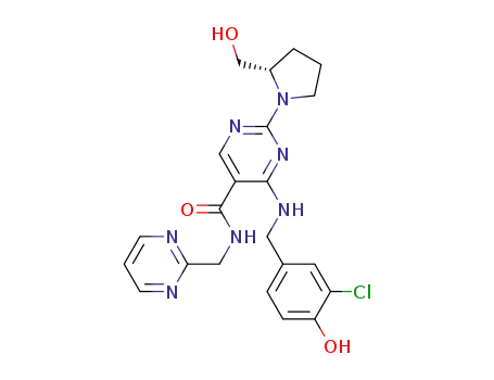 Molecular Structure of 330785-05-2 ((S)-2-(2-hydroxymethyl-1-pyrrolidinyl)-4-(3-chloro-4-hydroxybenzylamino)-5-[N-(2-pyrimidylmethyl)carbamoyl]pyrimidine)
