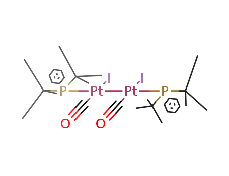 Molecular Structure of 118714-49-1 (Pt<sub>2</sub>I<sub>2</sub>(CO)2(P-tert.-Bu<sub>2</sub>Ph<sub>2</sub>)2)
