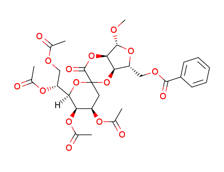 Molecular Structure of 101024-34-4 (methyl 5-O-benzoyl-3-O-(4,5,7,8-tetra-O-acetyl-3-deoxy-α-D-manno-2-octulopyranosylono-1',2-lactone)-β-D-ribofuranoside)