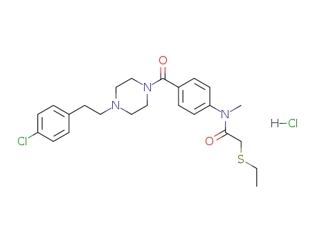 Molecular Structure of 147131-44-0 (1-{4-[N-methyl-N-ethylmercaptoacetylamino]benzoyl}-4-[2-(4-chlorophenyl)ethyl]piperazine hydrochloride)