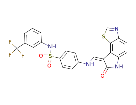 Molecular Structure of 222035-76-9 (4-[(7-Oxo-6,7-dihydro-1-thia-3,6-diaza-as-indacen-8-ylidenemethyl)-amino]-N-(3-trifluoromethyl-phenyl)-benzenesulfonamide)