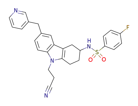 Molecular Structure of 141307-30-4 (9-(2-Cyanoethyl)-3-(4-fluorophenylsulphonamido)-6-(3-pyridylmethyl)-1,2,3,4-tetrahydro-carbazole)