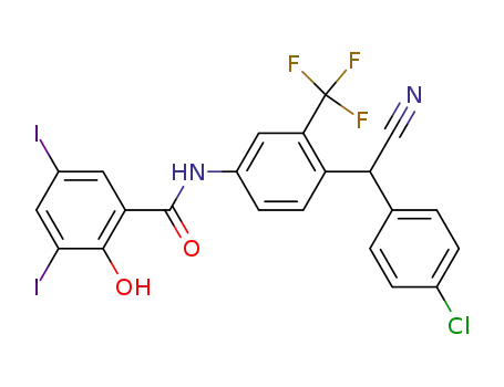 Molecular Structure of 61438-43-5 (Benzamide,
N-[4-[(4-chlorophenyl)cyanomethyl]-3-(trifluoromethyl)phenyl]-2-hydroxy-
3,5-diiodo-)