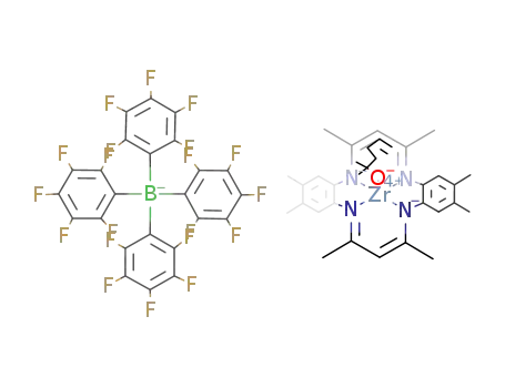 ((C<sub>13</sub>H<sub>15</sub>N<sub>2</sub>)2)Zr(OC(CH<sub>3</sub>)2CH<sub>2</sub>CH<sub>2</sub>CHCH<sub>2</sub>)<sup>(1+)</sup>*B(C<sub>6</sub>F<sub>5</sub>)4<sup>(1-)</sup>=[((C<sub>13</sub>H<sub>15</sub>N<sub>2</sub>)2)Zr(C<sub>7</sub>H<sub>13</sub>O)][B(C<sub>6</sub>F<sub>5</sub>)4]