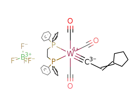 Molecular Structure of 180848-47-9 (W(CO)3(((C<sub>6</sub>H<sub>5</sub>)2PCH<sub>2</sub>)2)(CCHC<sub>5</sub>H<sub>8</sub>)<sup>(1+)</sup>*BF<sub>4</sub><sup>(1-)</sup>=[W(CO)3(((C<sub>6</sub>H<sub>5</sub>)2PCH<sub>2</sub>)2)(CCHC<sub>5</sub>H<sub>8</sub>)]BF<sub>4</sub>)