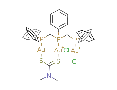 Molecular Structure of 289035-01-4 ((Au3(μ-bis(diphenylphosphinomethyl)phenylphosphine)(μ-S2CNMe2)Cl2))