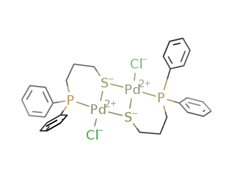Molecular Structure of 247221-21-2 (dichlorobis(μ-[(3-diphenylphosphino)propanethiolato]-P,μ-S)dipalladium(II))