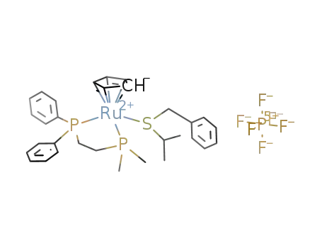Molecular Structure of 189881-31-0 ([Cp((2-(dimethylphosphino)ethyl)diphenylphosphine)Ru(BzS-i-Pr)]PF<sub>6</sub>)