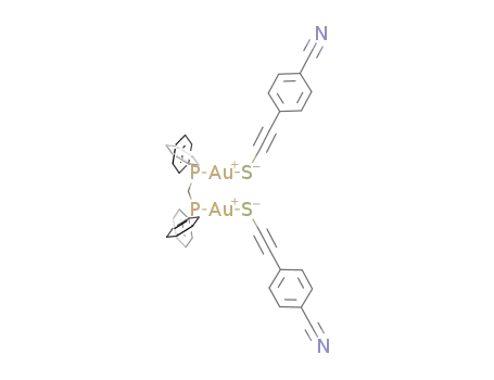 Molecular Structure of 1001197-26-7 ([Au<sub>2</sub>(p-CN-C<sub>6</sub>H<sub>4</sub>-CCS)2(bis(diphenylphosphino)methane)])