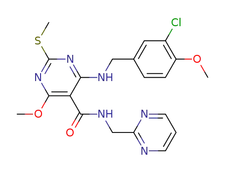 Molecular Structure of 372118-45-1 (5-Pyrimidinecarboxamide,
4-[[(3-chloro-4-methoxyphenyl)methyl]amino]-6-methoxy-2-(methylthio)-
N-(2-pyrimidinylmethyl)-)