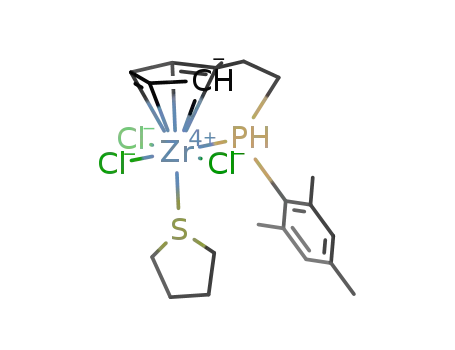 Molecular Structure of 389123-76-6 ([(η(5)-C5H4(CH2)2P(H)(2,4,6-trimethylphenyl)-κP)ZrCl3(tetrahydrothiophene)])