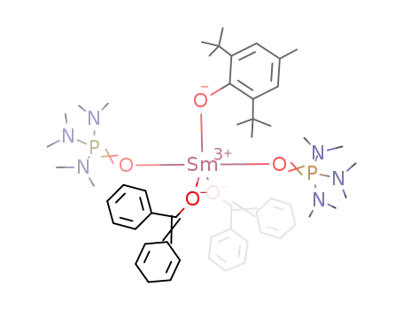 Molecular Structure of 159281-61-5 (Sm(OC(=C<sub>6</sub>H<sub>6</sub>)Ph)2(O-C<sub>6</sub>H<sub>2</sub>-(t)Bu<sub>2</sub>-2,6-Me-4)(hexamethylphosphoramide)2)