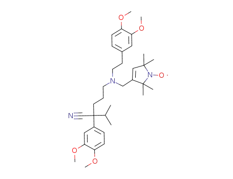 Molecular Structure of 1228254-18-9 (2-(3,4-dimethoxyphenyl)-5-[[2-(3,4-dimethoxyphenyl)ethyl]-(1-oxyl-2,2,5,5-tetramethyl-2,5-dihydro-1H-pyrrol-3-ylmethyl)-amino]-2-isopropyl-pentanenitrile radical)