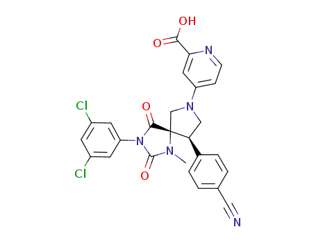 Molecular Structure of 1224465-13-7 (4-((5S,9R)-9-(4-cyanophenyl)-3-(3,5-dichlorophenyl)-1-methyl-2,4-dioxo-1,3,7-triazaspiro[4.4]nonan-7-yl)picolinic acid)