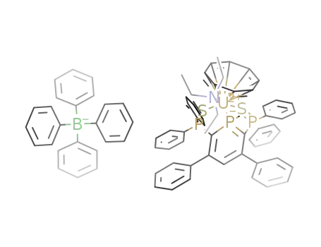 Molecular Structure of 1050381-21-9 ((C<sub>8</sub>H<sub>8</sub>)U(N(C<sub>2</sub>H<sub>5</sub>)3)(SP(C<sub>6</sub>H<sub>5</sub>)2CC(C<sub>6</sub>H<sub>5</sub>)CHC(C<sub>6</sub>H<sub>5</sub>)C(P(C<sub>6</sub>H<sub>5</sub>)2S)PCH<sub>3</sub>)<sup>(1+)</sup>*B(C<sub>6</sub>H<sub>5</sub>)4<sup>(1-)</sup>=((C<sub>8</sub>H<sub>8</sub>)U(N(C<sub>2</sub>H<sub>5</sub>)3)(C<sub>42</sub>H<sub>34</sub>S<sub>2</sub>P<sub>3</sub>))B(C<sub>6</sub>H<sub>5</sub>)4)