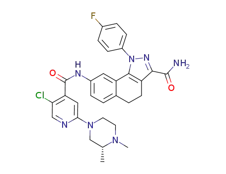 Molecular Structure of 623585-99-9 (8-({5-chloro-2-[(3R)-3,4-dimethylpiperazin-1-yl]isonicotinoyl}amino)-1-(4-fluoro-phenyl)-4,5-dihydro-1H-benzo[g]indazole-3-carboxamide)