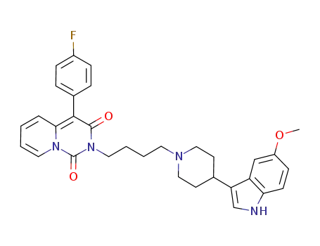 Molecular Structure of 1149339-75-2 (4-(4-fluorophenyl)-2-{4-[4-(5-methoxy-1H-indol-3-yl)piperidin-1-yl]butyl}pyrido[1,2-c]pyrimidine-1,3-dione)