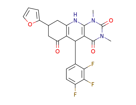 Molecular Structure of 1172613-13-6 (5-(2,3,4-trifluorophenyl)-8-(furan-2-yl)-1,3-dimethyl-5,7,8,9,10-pentahydropyrimido[4,5-b]quinoline-2,4,6(1H,3H,5H)-trione)