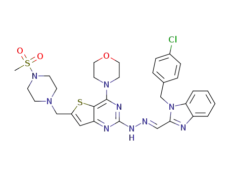 (E)-4-(2-(2-((1-(4-chlorobenzyl)-1H-benzo[d]imidazol-2-yl)methylene)hydrazinyl)-6-((4-(methylsulfonyl)piperazin-1-yl)methyl)thieno[3,2-d]pyrimidin-4-yl)morpholine