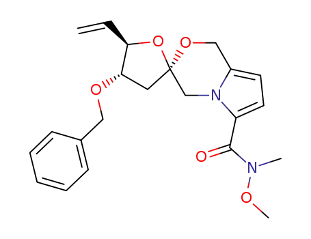 Molecular Structure of 1401113-04-9 ((2R,4S,5R)-4-(benzyloxy)-N-methoxy-N-methyl-5-vinyl-1',4,4',5-tetrahydro-3H-spiro[furan-2,3'-pyrrolo[2,1-c][1,4]-oxazine]-6'-carboxamide)