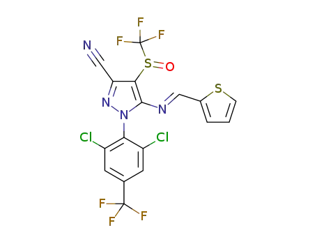 Molecular Structure of 1392270-34-6 ((E)-1-(2,6-dichloro-4-(trifluoromethyl)phenyl)-5-((thiophene-2-ylmethylene)amino)-4-((trifluoromethyl)sulfinyl)-1H-pyrazole-3-carbonitrile)
