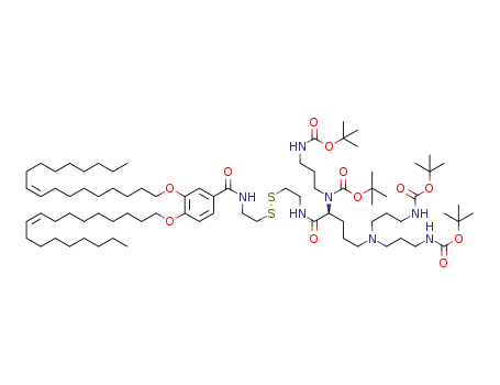 Molecular Structure of 1323443-66-8 ({4-[bis-(3-tert-butoxycarbonylamino-propyl)amino]-(S)-1-[2-(2-{(3,4-di(oleyloxy)benzoyl)amino}-ethyldisulfanyl)-ethylcarbamoyl]-butyl}-(3-tert-butoxycarbonylaminopropyl)-carbamic acid tert-butyl ester)