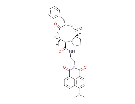 Molecular Structure of 1352831-51-6 ((4S,6aS,11R,11aS)-4-benzyl-N-(2-(6-(dimethylamino)-1,3-dioxo-1H-benzo[de]isoquinolin-2(3H)-yl)ethyl)-3,6-dioxodecahydro-1H-azirino[1,2-a]pyrrolo[1,2-d][1,4,7]triazonine-11-carboxamide)