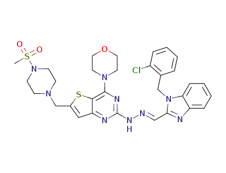 Molecular Structure of 1394047-72-3 ((E)-4-(2-(2-((1-(2-chlorobenzyl)-1H-benzo[d]imidazol-2-yl)methylene)hydrazinyl)-6-((4-(methylsulfonyl)piperazin-1-yl)methyl)thieno[3,2-d]pyrimidin-4-yl)morpholine)