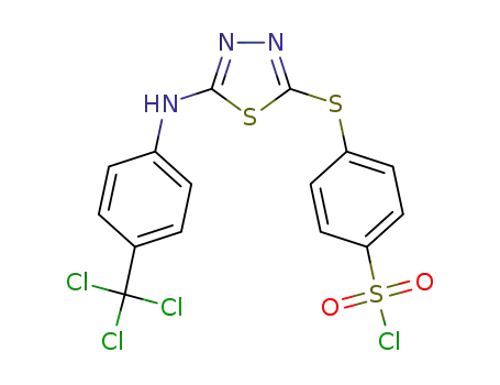 Molecular Structure of 1076689-67-2 (4-[5-(4-trichloromethylphenylamino)-[1,3,4]thiadiazol-2-ylsulfanyl]-benzenesulfonylchloride)