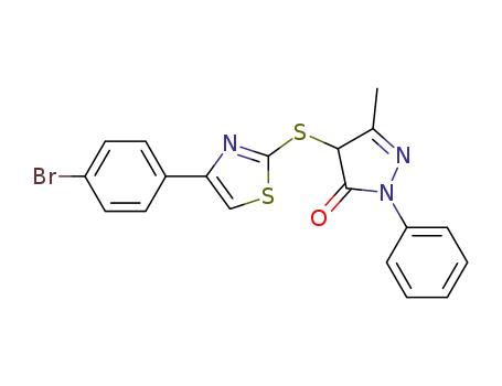 Molecular Structure of 1392400-76-8 (2-(3-methyl-1-phenyl-4,5-dihydro-5-oxopyrazol-4-thio)-4-(4-bromophenyl)thiazole)