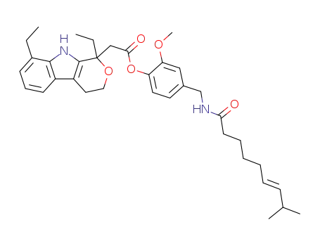 Molecular Structure of 1224429-01-9 ((1,8-diethyl-1,3,4,9-tetrahydro-pyrano[3,4-b]indol-1-yl)-acetic acid 2-methoxy-4-[(8-methyl-non-6-enoylamino)-methyl]-phenyl ester)