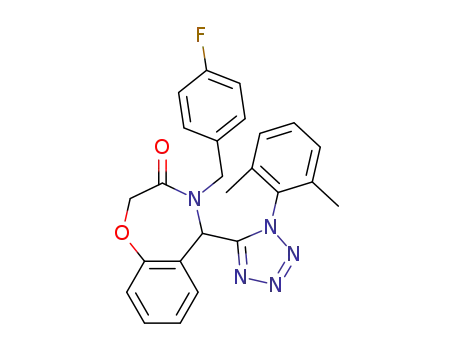 Molecular Structure of 1451409-00-9 (5-(1-(2,6-dimethylphenyl)-1H-tetrazol-5-yl)-4-(4-fluoro-benzyl)-4,5-dihydrobenzo[f][1,4]oxazepin-3(2H)-one)