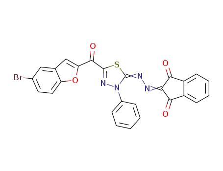 Molecular Structure of 1412901-15-5 (2-{[5-(5-bromo-benzofuran-2-carbonyl)-3-phenyl-3H-[1,3,4]thiadiazol-2-ylidene]hydrazono}indan-1,3-dione)