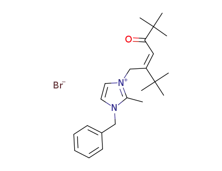Molecular Structure of 1387639-68-0 (1-benzyl-3-[(2Z)-2-tert-butyl-5,5-dimethyl-4-oxohex-2-en-1-yl]-2-methyl-1H-imidazol-3-ium bromide)