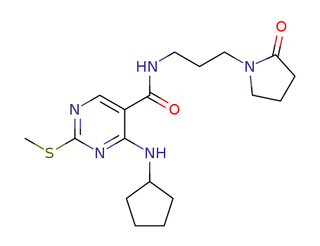 Molecular Structure of 1421367-69-2 (4-(cyclopentylamino)-2-(methylthio)-N-(3-(2-oxopyrrolidin-1-yl)propyl)pyrimidine-5-carboxamide)