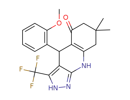 Molecular Structure of 1597438-84-0 (4-(2-methoxyphenyl)-7,7-dimethyl-3-(trifluoromethyl)-6,7,8,9-tetrahydro-2H-pyrazolo[3,4-b]quinolin-5(4H)-one)