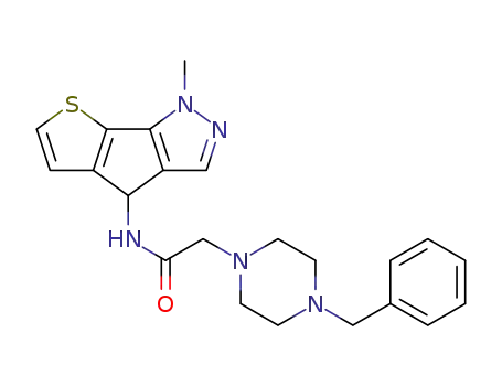 Molecular Structure of 1459701-15-5 (2-(4-benzylpiperazin-1-yl)-N-(1-methyl-1,4-dihydrothieno[3',2':4,5]cyclopenta[1,2-c]pyrazol-4-yl)acetamide)