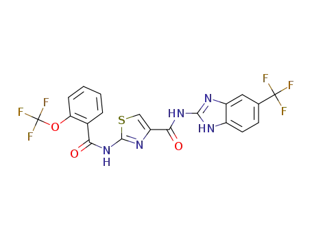 Molecular Structure of 1446200-49-2 (2-(2-(trifluoromethoxy)benzamido)-N-(6-(trifluoromethyl)-1H-benzo[d]imidazol-2-yl)thiazole-4-carboxamide)