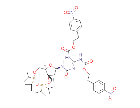 Molecular Structure of 1414882-31-7 (5',3'-O-(1,1,3,3-tetraisopropyldisiloxane-1,3-diyl)-2'-deoxyribofuranosyl-3-guanyl-N,N-bis-[2-(4-nitrophenyl)-ethoxycarbonyl]urea)