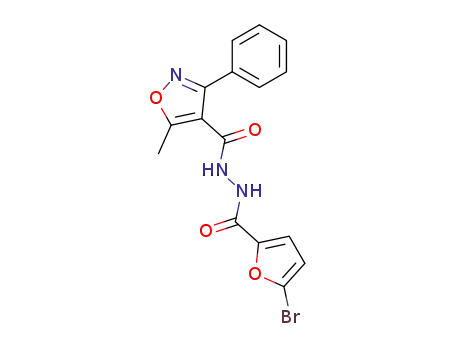 Molecular Structure of 68055-46-9 (5-methyl-3-phenyl-isoxazole-4-carboxylic acid <i>N</i>'-(5-bromo-furan-2-carbonyl)-hydrazide)