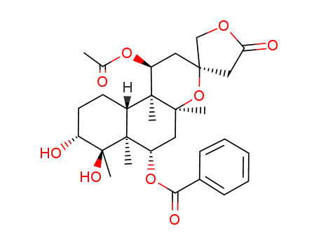Molecular Structure of 114489-73-5 (Spiro[furan-3(2H),3'-[3H]naphtho[2,1-b]pyran]-5(4H)-one,1'-(acetyloxy)-6'-(benzoyloxy)dodecahydro-7',8'-dihydroxy-4'a,6'a,7',10'b-tetramethyl-,(1'S,3R,4'aS,6'S,6'aS,7'R,8'R,10'aS,10'bS)-)